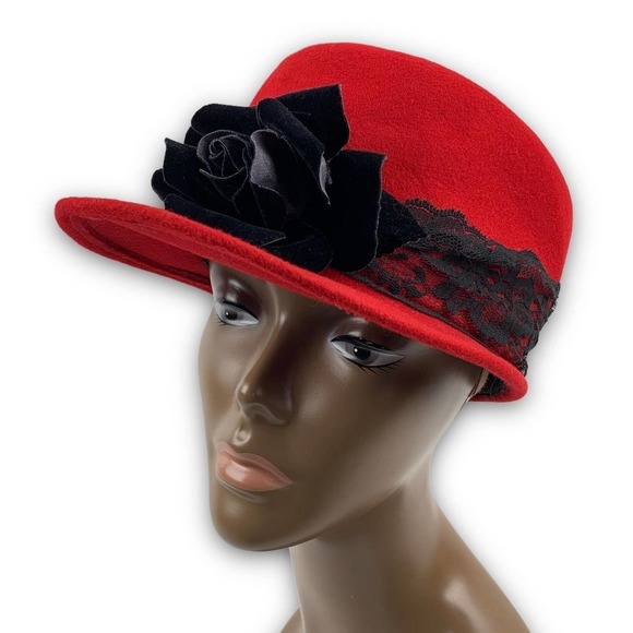 1960's BOLLMAN HAT Co. via KOKIN red wool black rose and lace cap - Picture 5 of 16